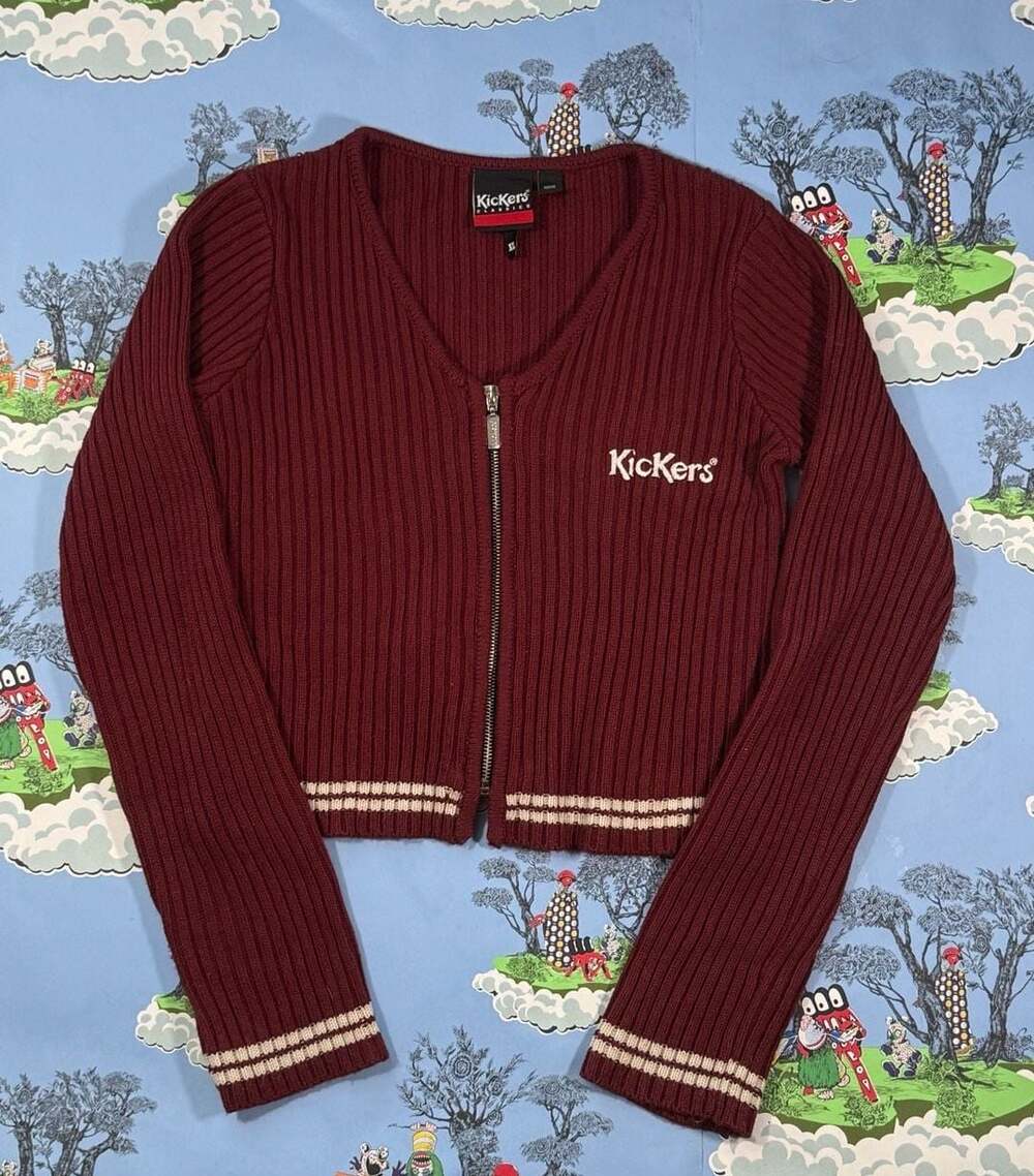Kickers Classics Burgundy Ribbed Zip-Up Cropped Cardigan with Logo Size XL